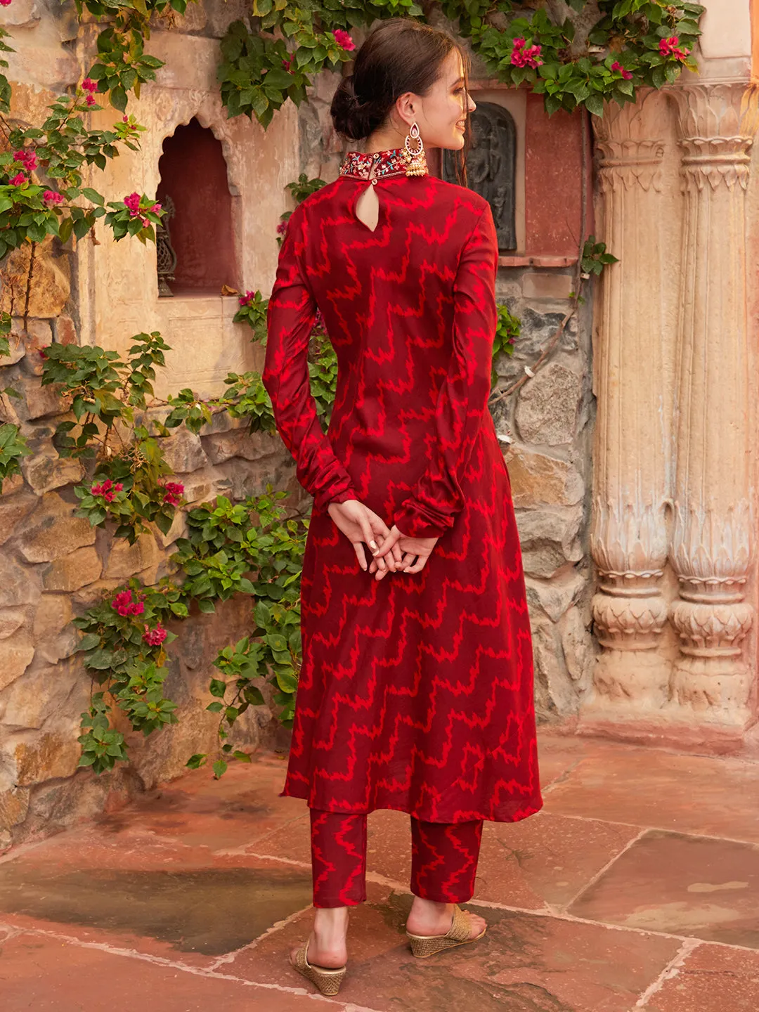 Ethnic Chevron Printed A-Line Flared Kurta with Pant - Maroon