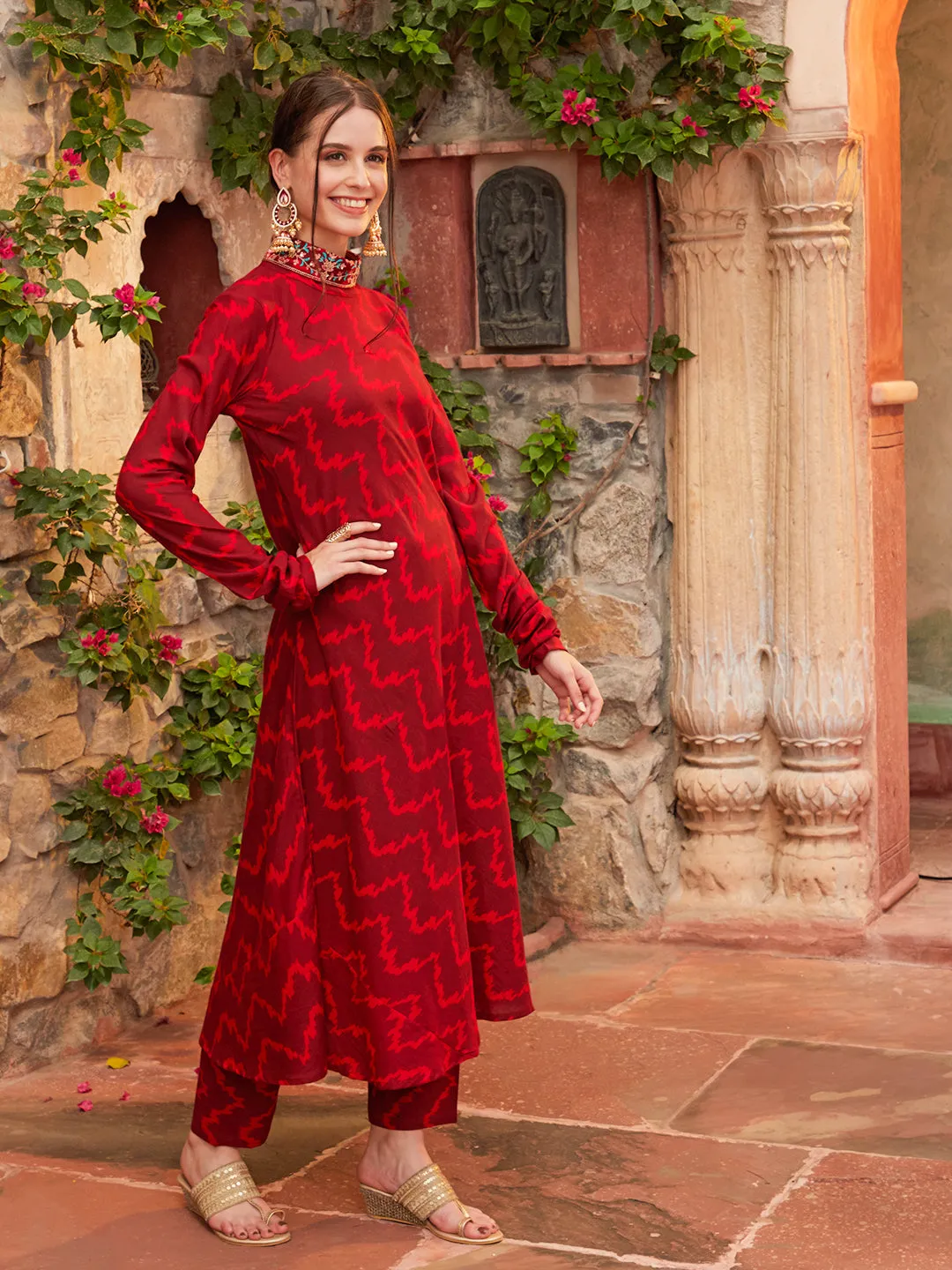 Ethnic Chevron Printed A-Line Flared Kurta with Pant - Maroon