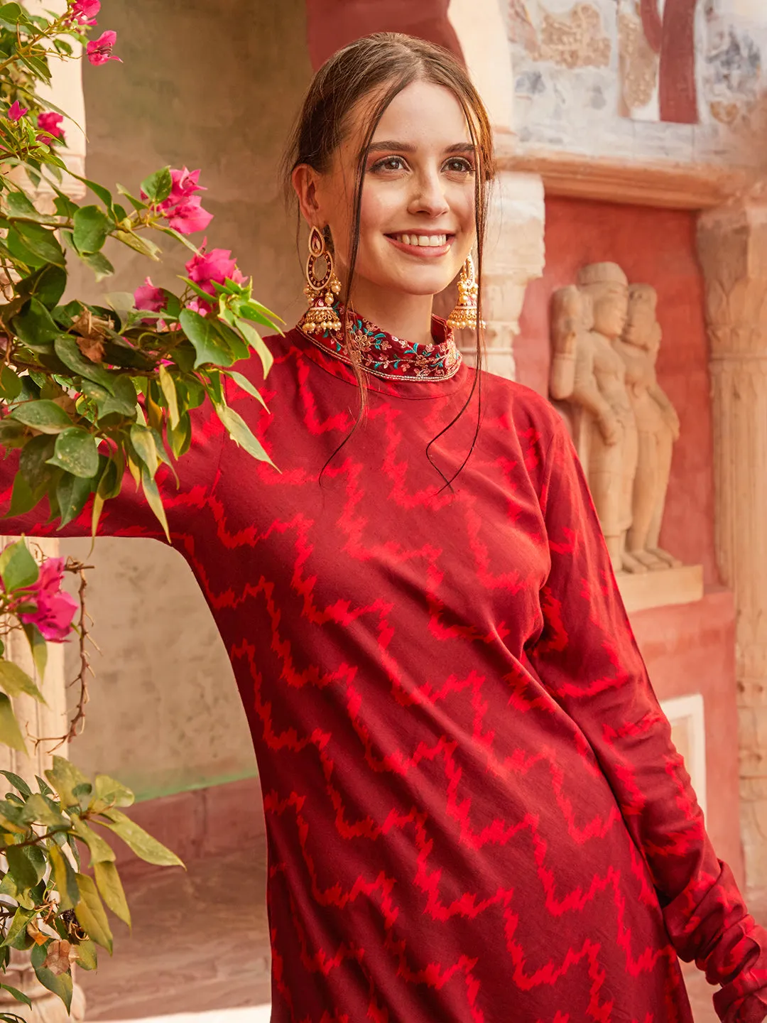 Ethnic Chevron Printed A-Line Flared Kurta with Pant - Maroon