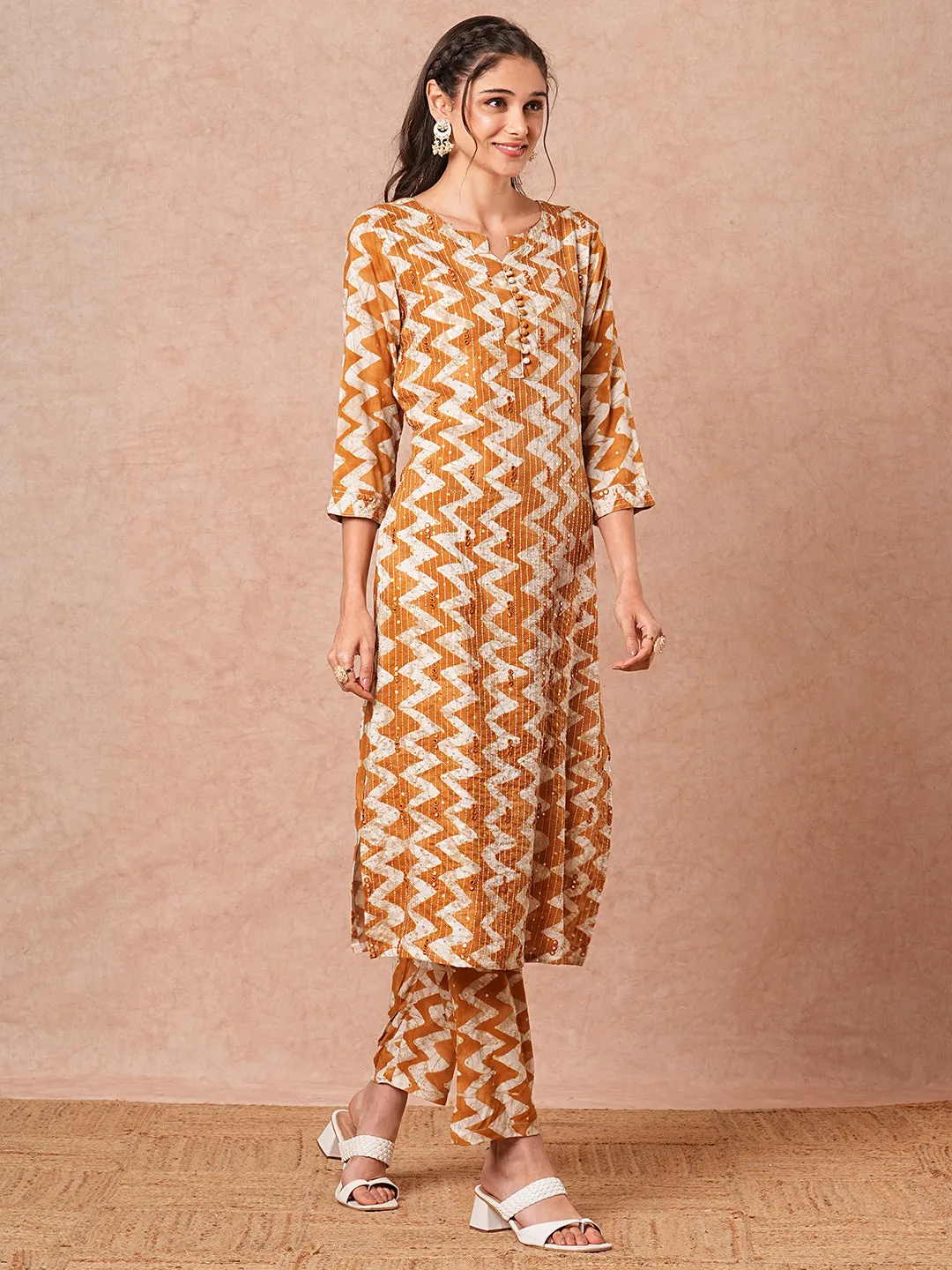 Ethnic Chevron Printed & Sequin Embroidered Straight Fit Kurta with Pant - Mustard