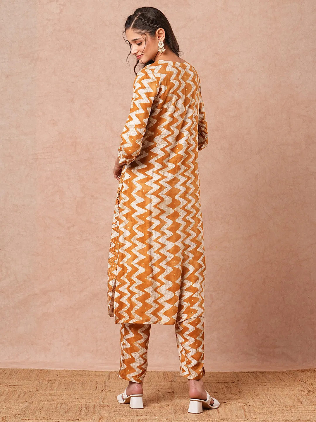 Ethnic Chevron Printed & Sequin Embroidered Straight Fit Kurta with Pant - Mustard