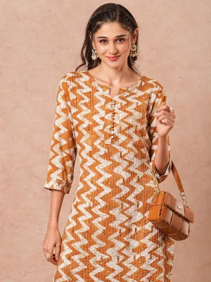 Ethnic Chevron Printed & Sequin Embroidered Straight Fit Kurta with Pant - Mustard