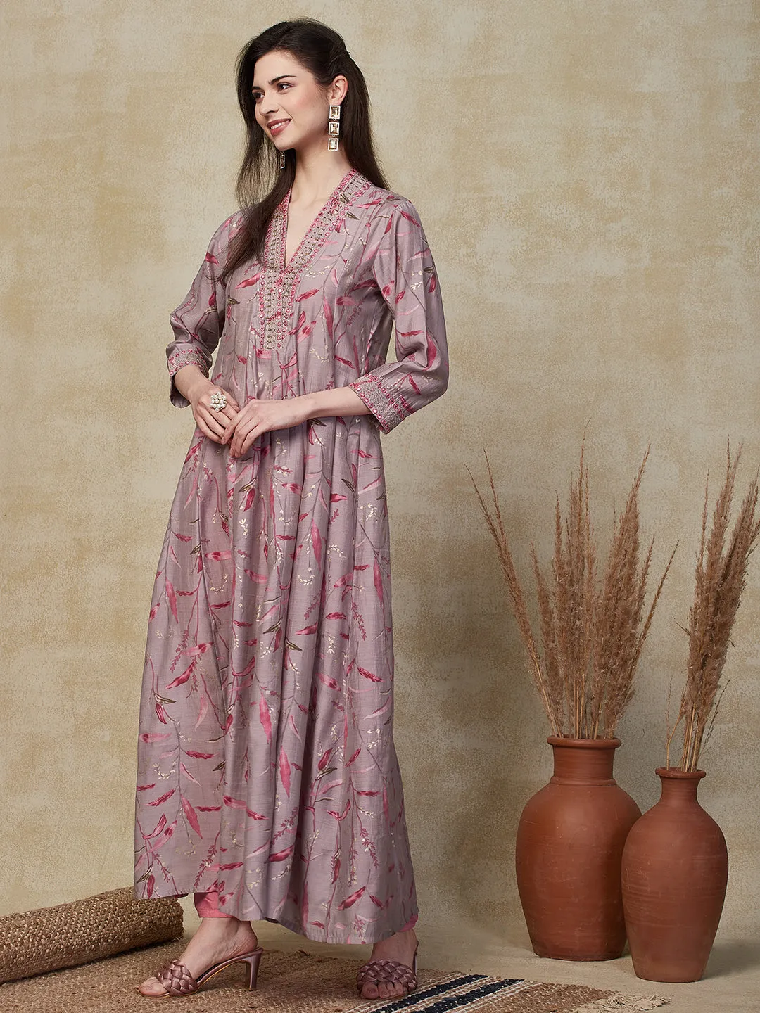 Ethnic Embroidered & Floral Printed A-Line Kurta with Pant - Lavender