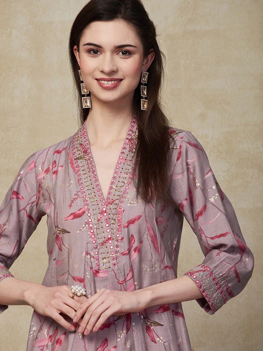 Ethnic Embroidered & Floral Printed A-Line Kurta with Pant - Lavender