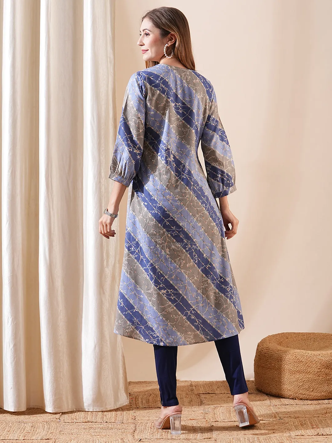 Ethnic Floral & Stripes Printed A-Line Kurta - Blue