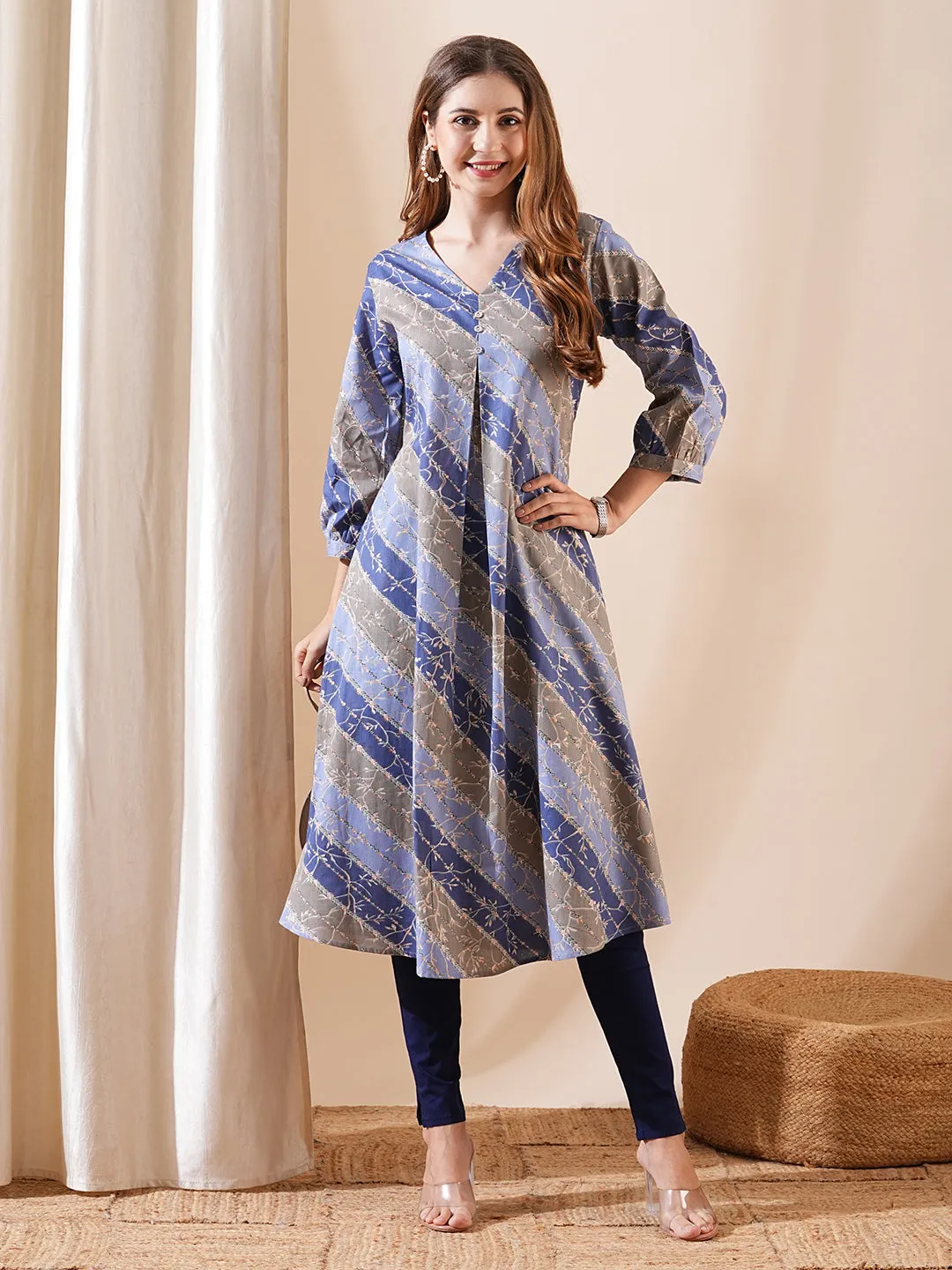 Ethnic Floral & Stripes Printed A-Line Kurta - Blue