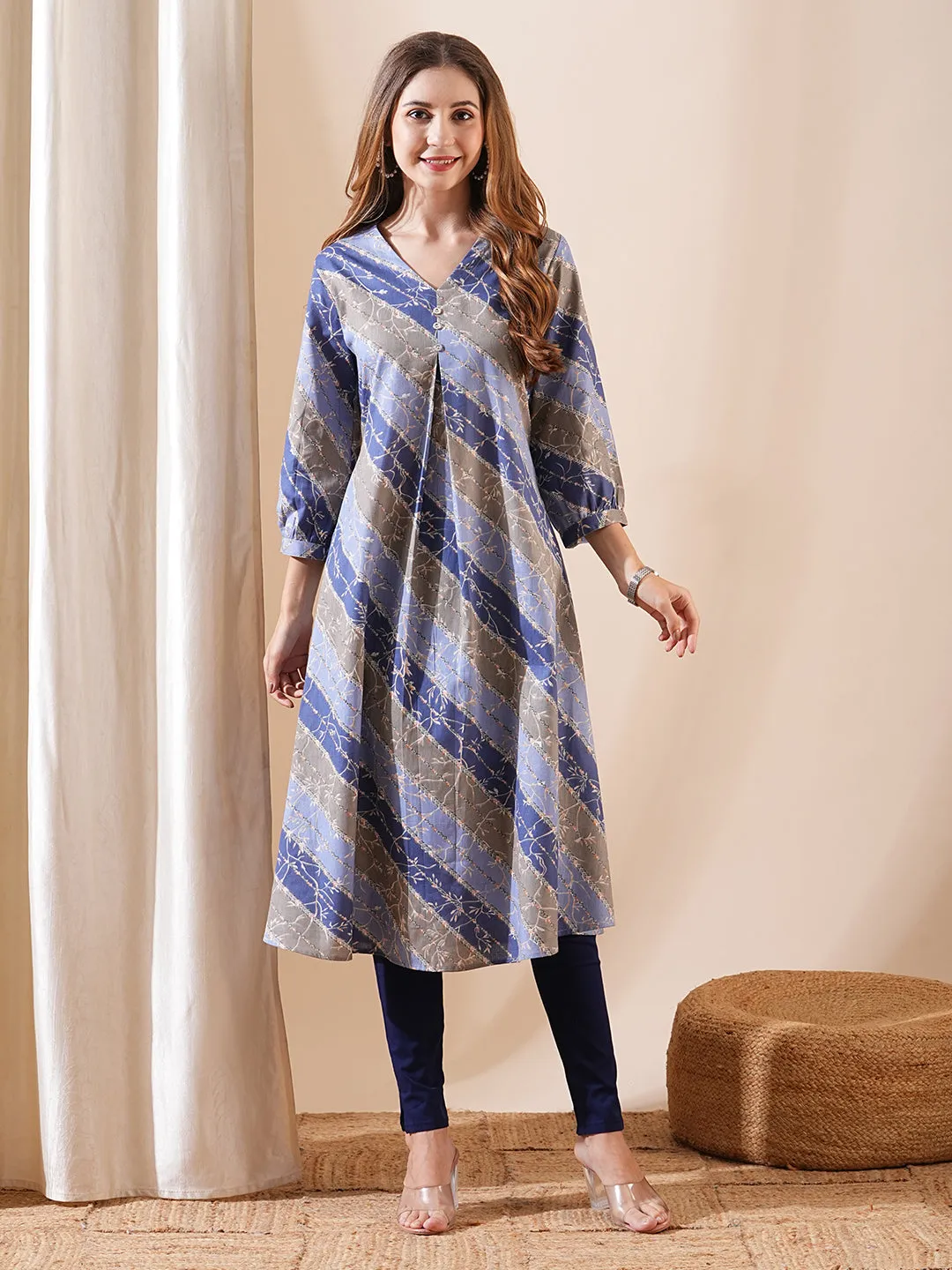 Ethnic Floral & Stripes Printed A-Line Kurta - Blue