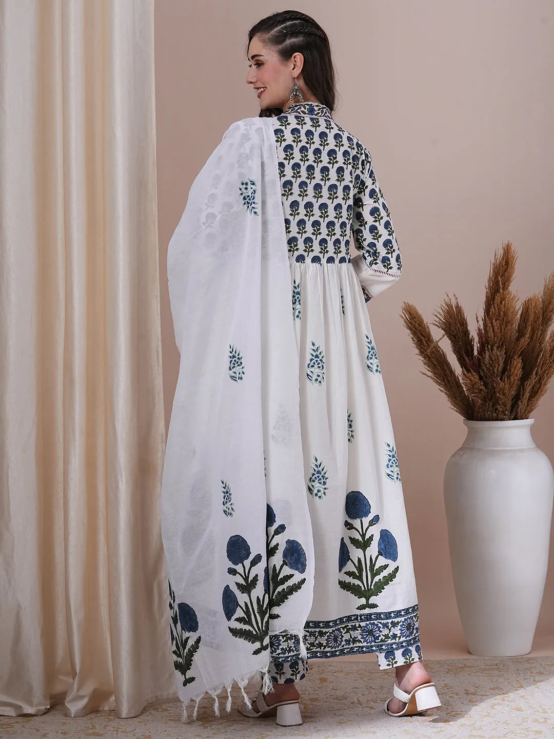 Ethnic Floral Block Printed A-Line Pleated Kurta with Pant and Printed Dupatta - White