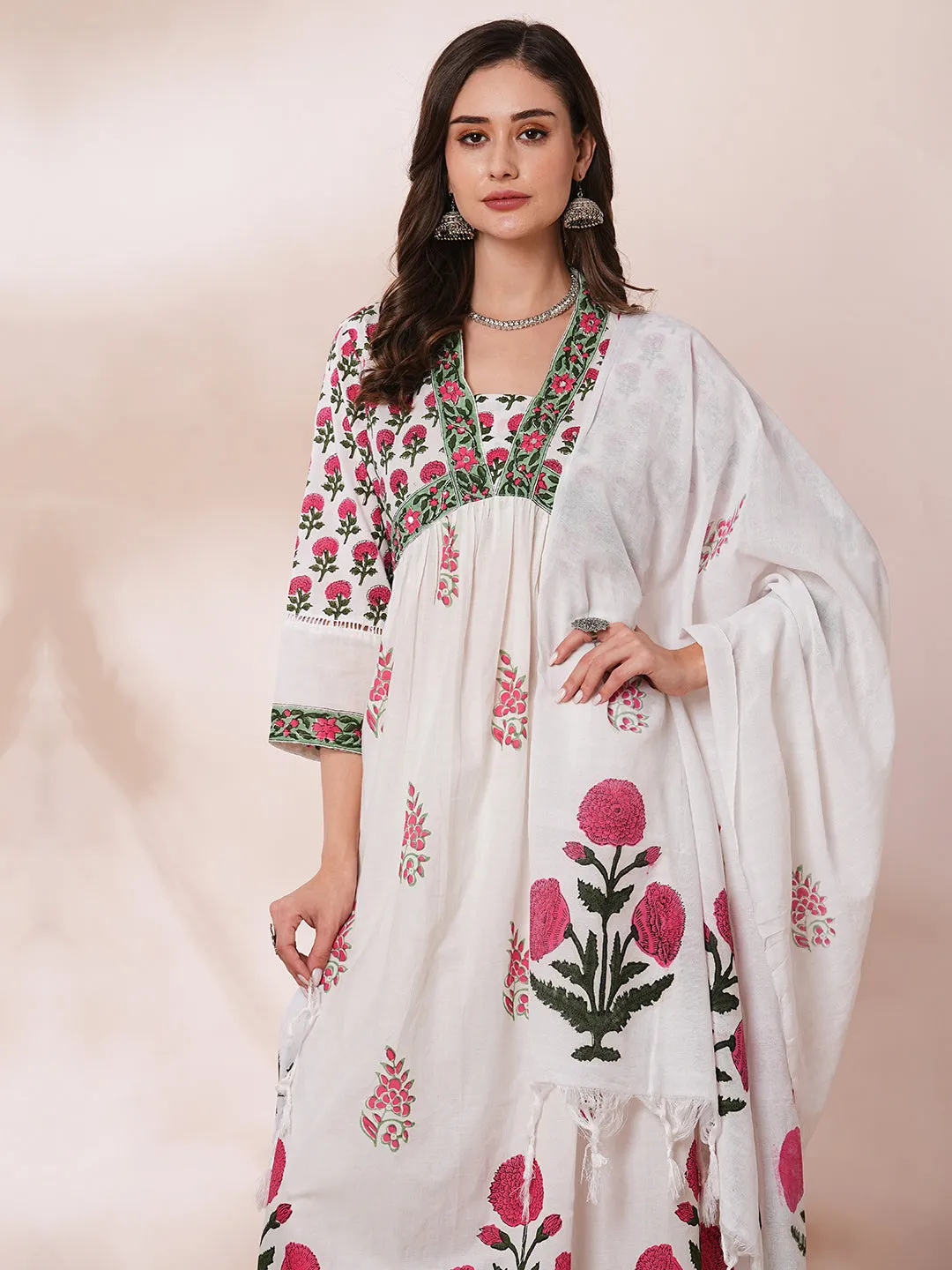 Ethnic Floral Block Printed A-Line Pleated Kurta with Pant and Printed Dupatta - White