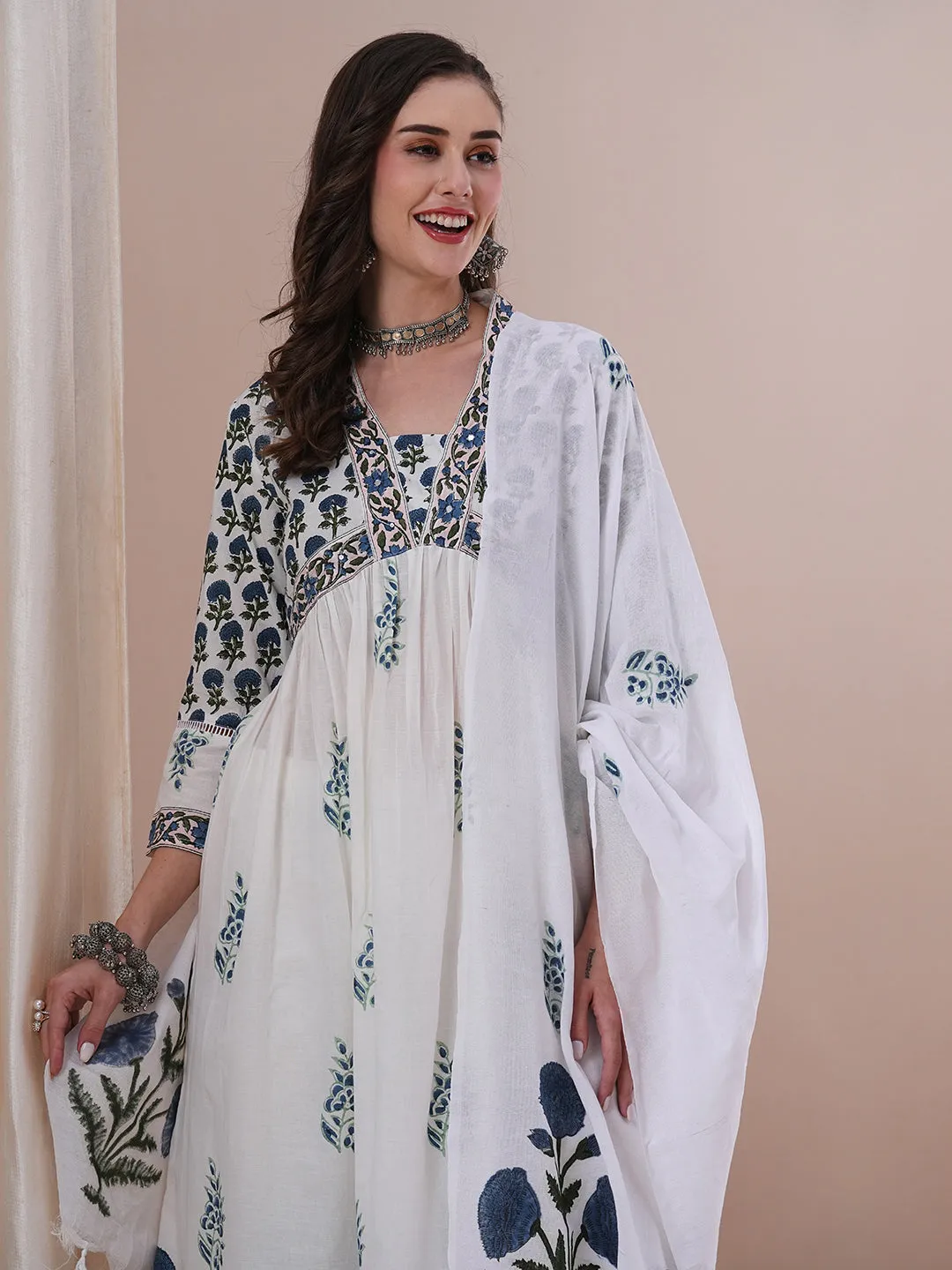 Ethnic Floral Block Printed A-Line Pleated Kurta with Pant and Printed Dupatta - White