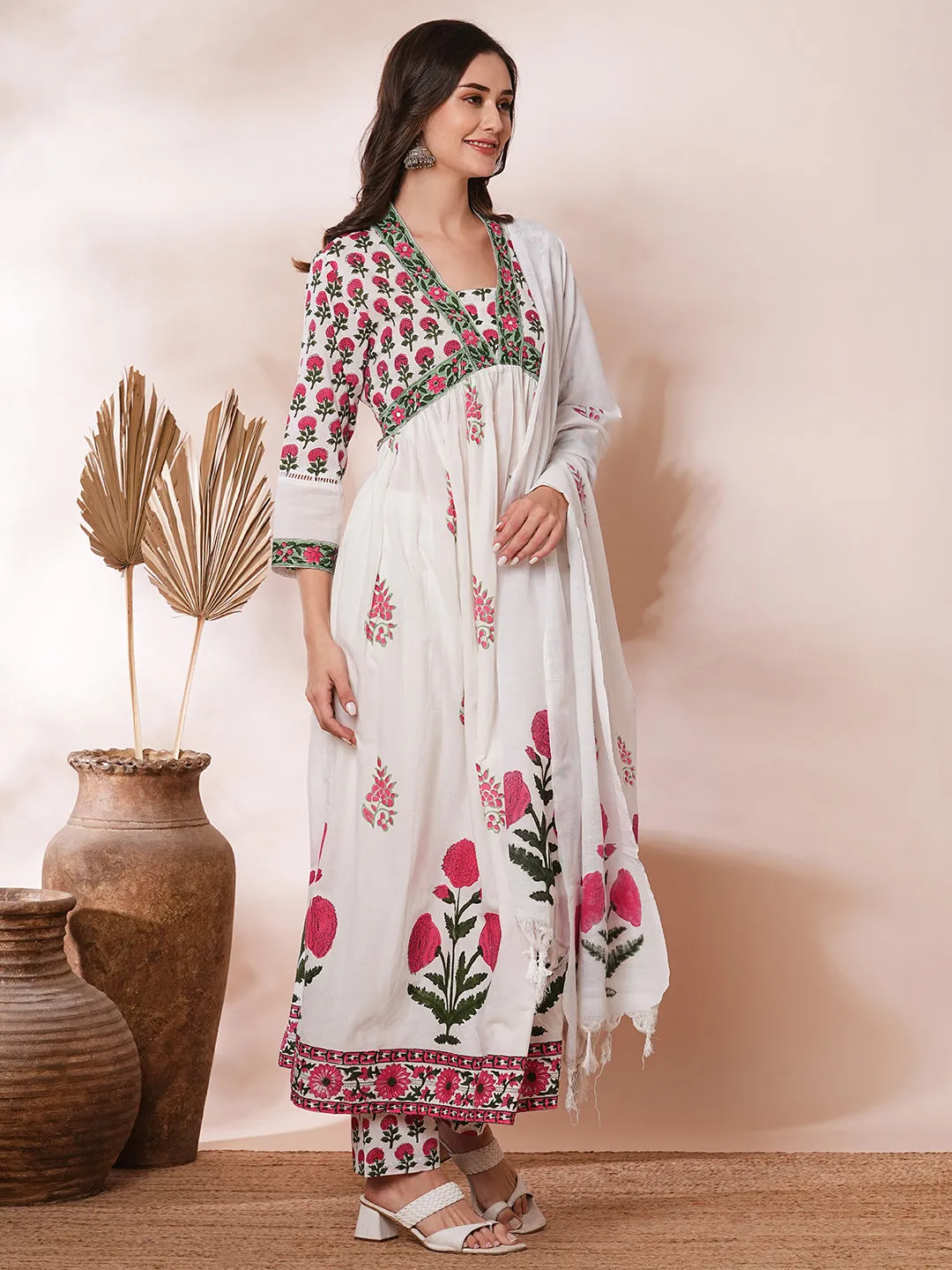 Ethnic Floral Block Printed A-Line Pleated Kurta with Pant and Printed Dupatta - White