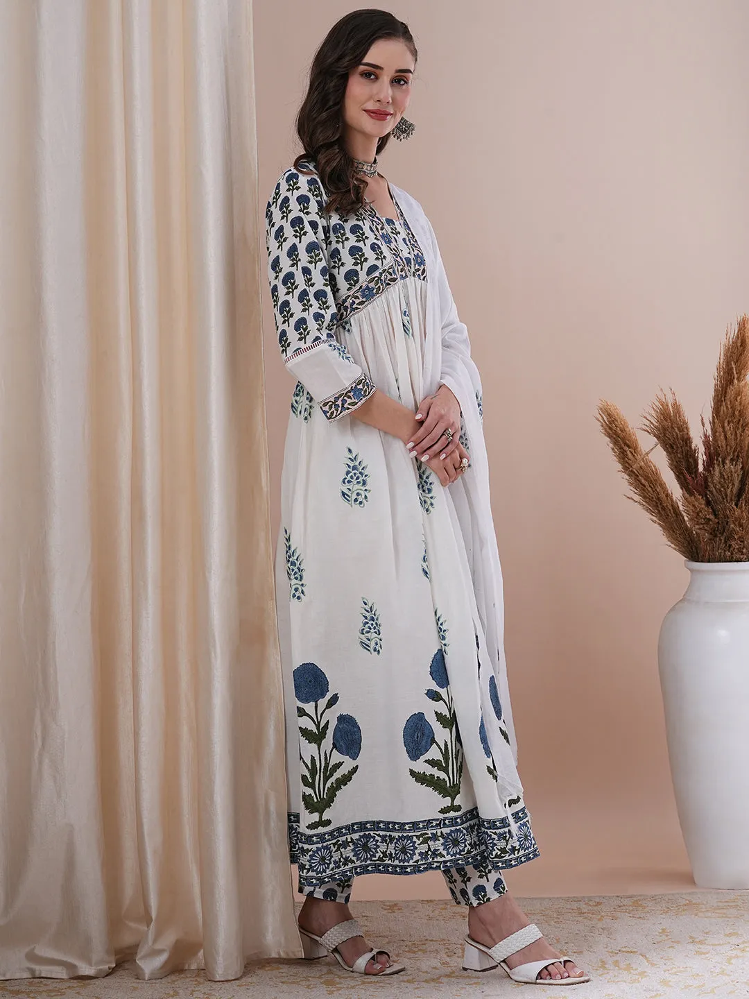 Ethnic Floral Block Printed A-Line Pleated Kurta with Pant and Printed Dupatta - White