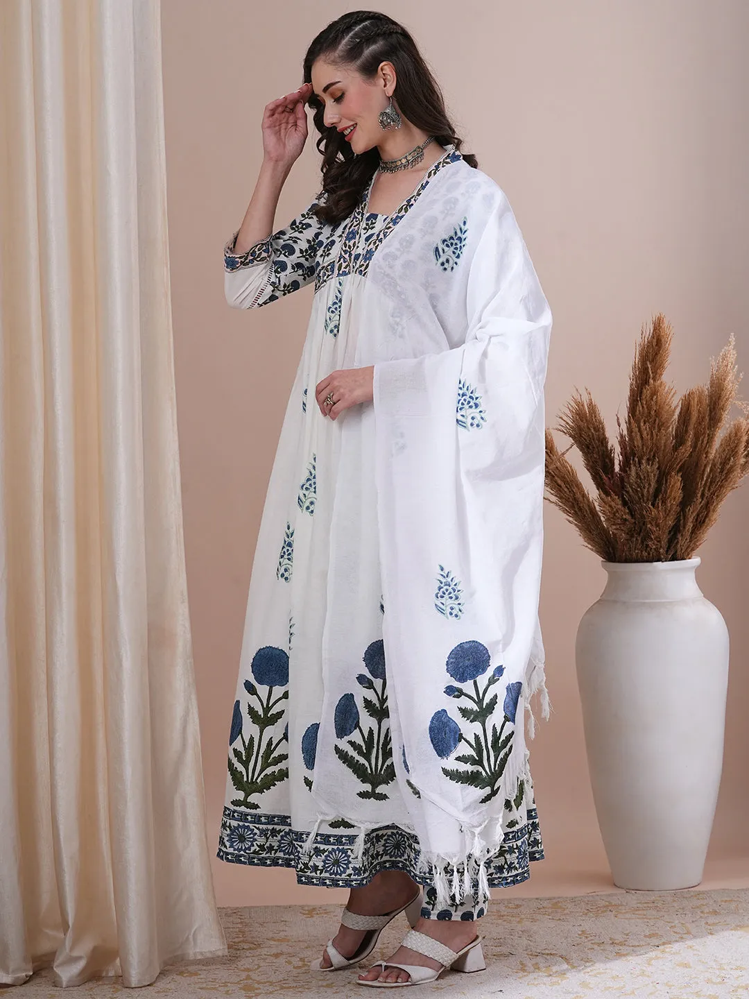 Ethnic Floral Block Printed A-Line Pleated Kurta with Pant and Printed Dupatta - White