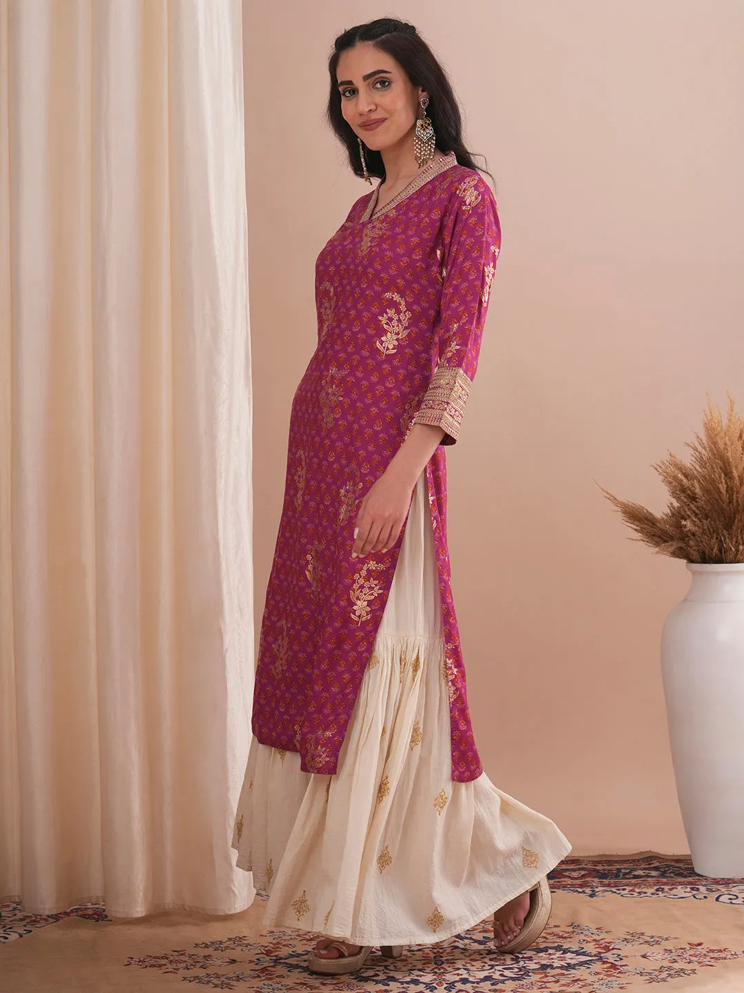 Ethnic Floral Foil Printed & Embroidered Straight Fit Kurta - Mauve