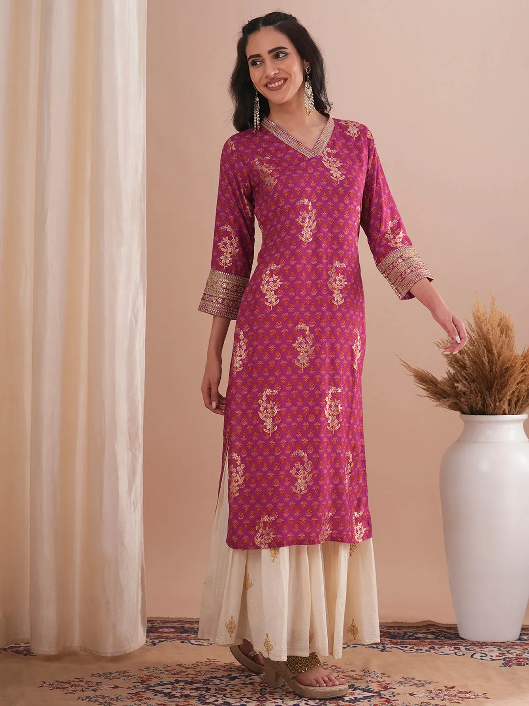 Ethnic Floral Foil Printed & Embroidered Straight Fit Kurta - Mauve