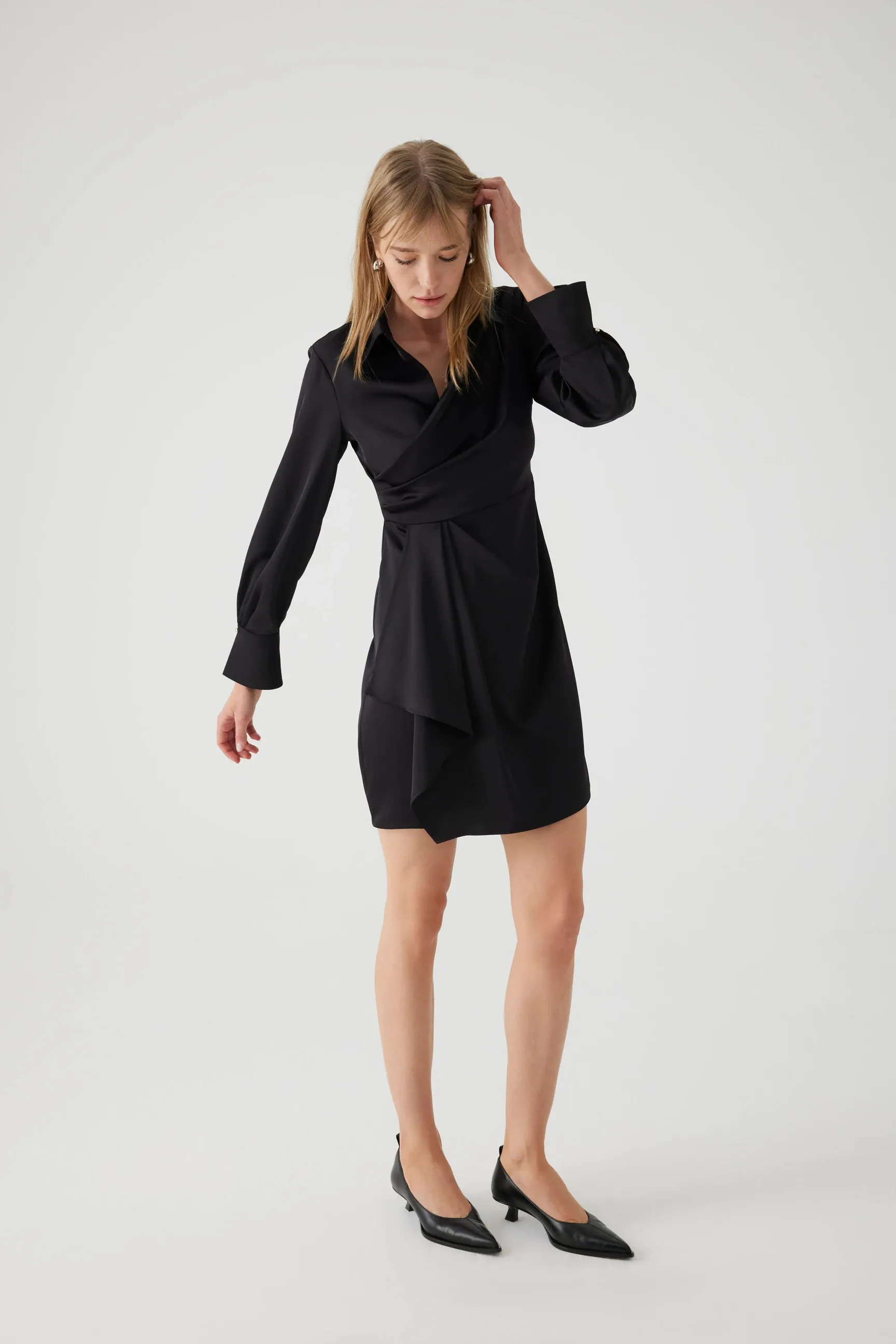 Exquisite Black Ariadne Draped Mini Shirt Dress