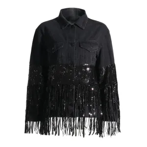 Fashion Patchwork Sequins Tassels Denim Coats For Women Lapel Long Sleeve Spliced Button Casual Loose Jacket Female Style