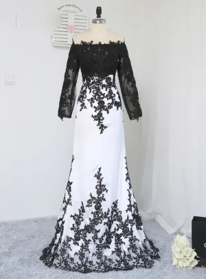 Formal Celebrity Dresses Mermaid Long Sleeves Evening Dress Black White Appliques