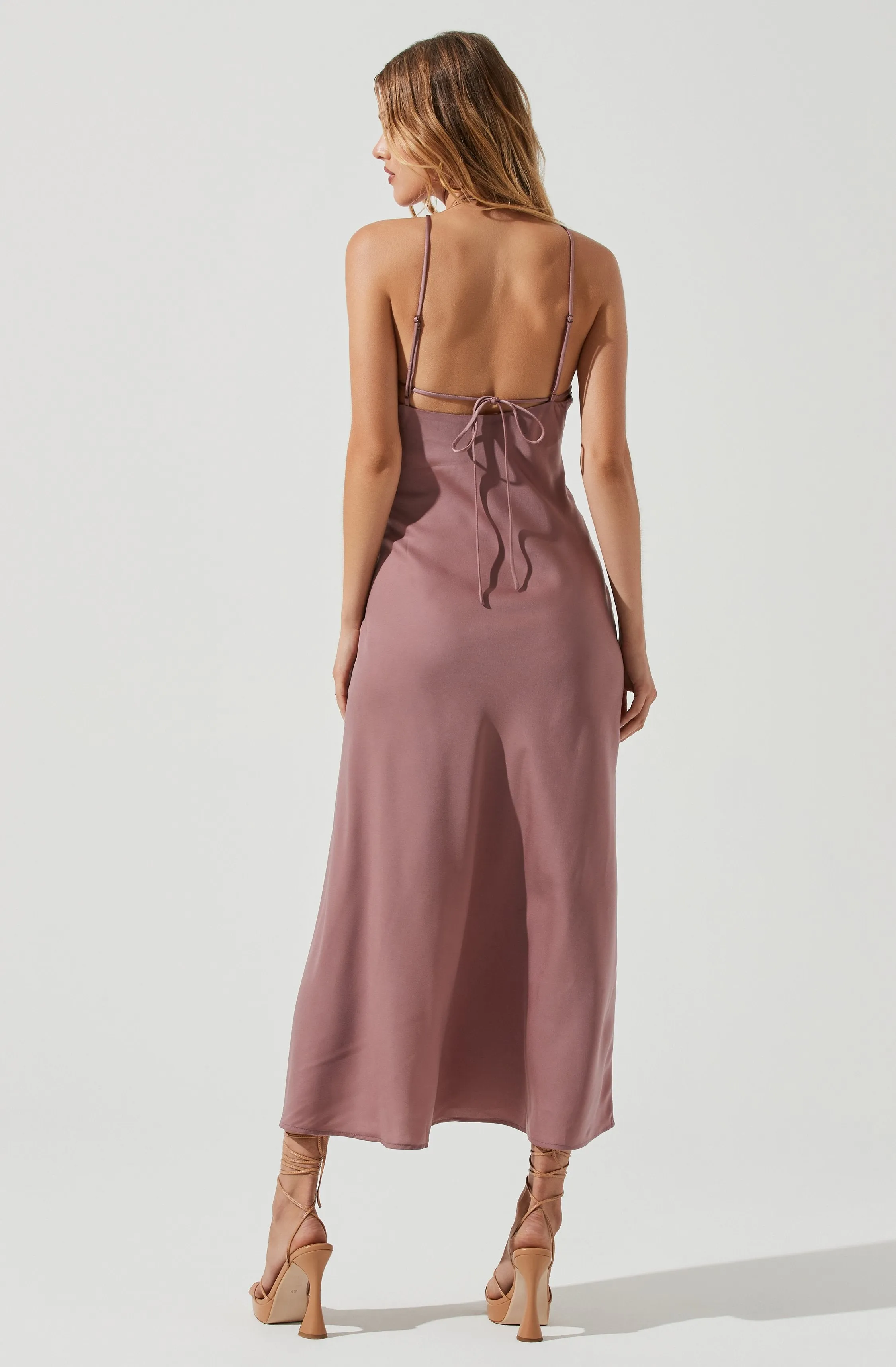 Front Slit Halter Satin Midi Dress