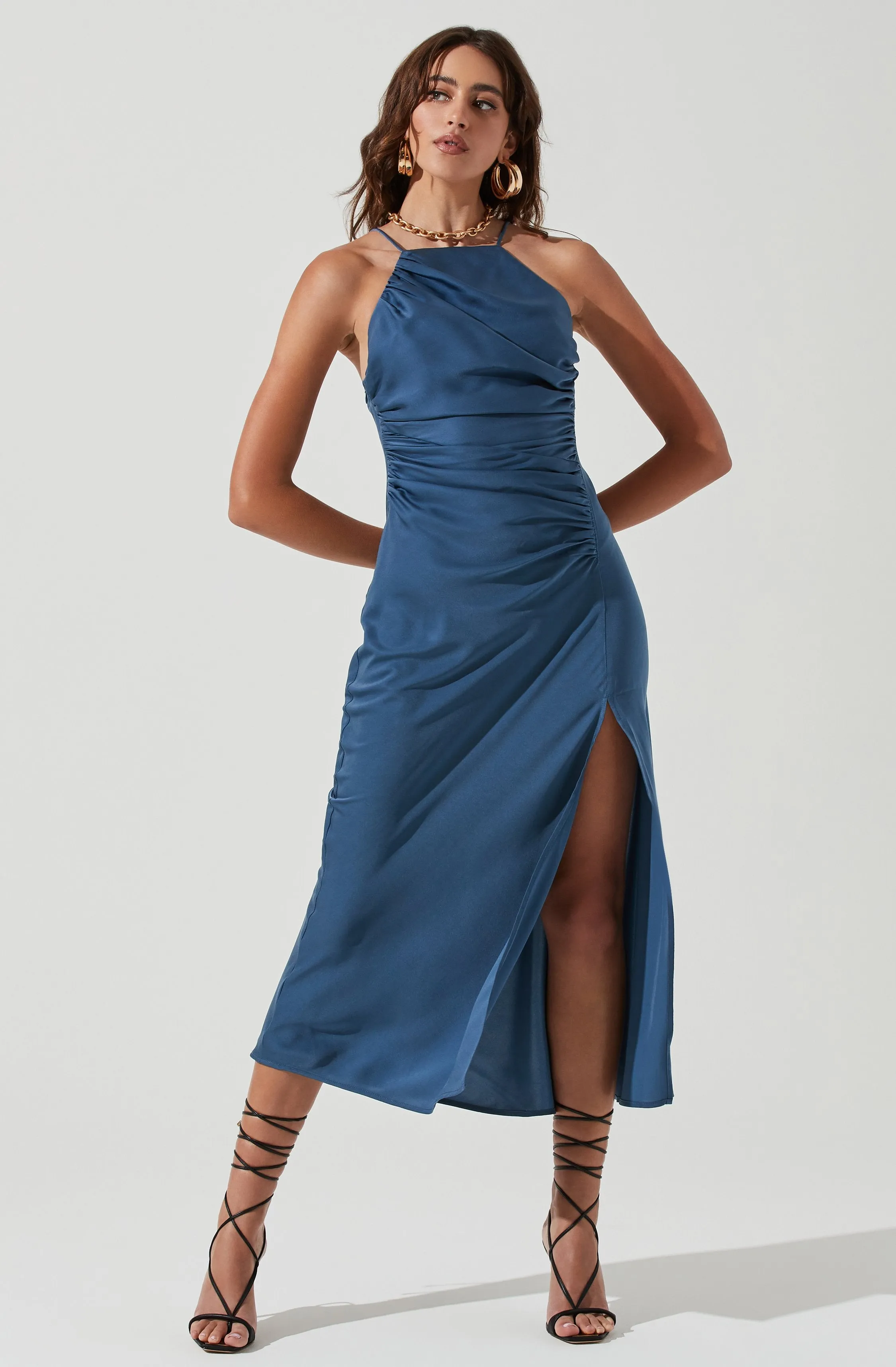 Front Slit Halter Satin Midi Dress