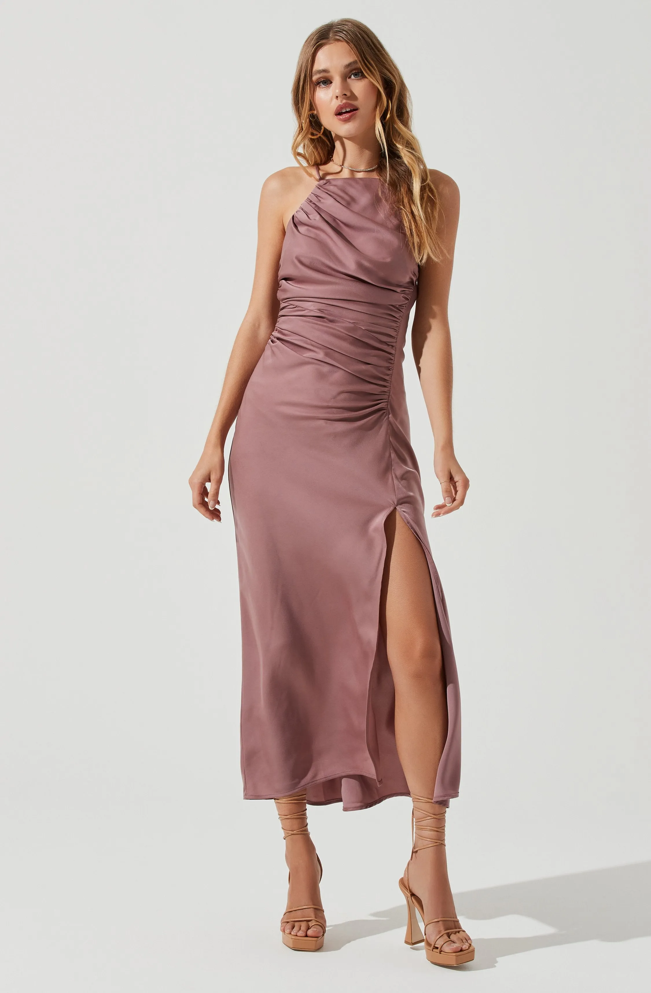 Front Slit Halter Satin Midi Dress