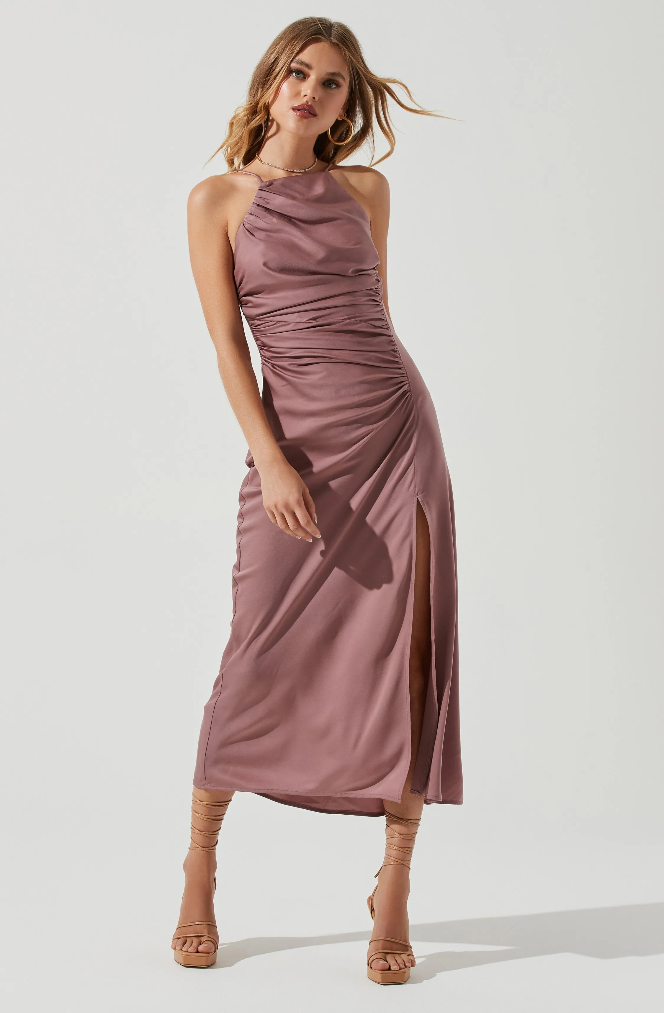 Front Slit Halter Satin Midi Dress