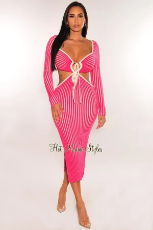 Fuchsia White Ribbed Knit Keyhole Cut Out Slit Dress