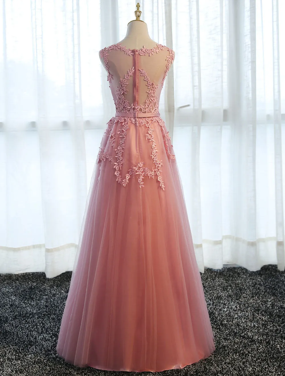 Glamorous Long Evening Dresses Lace Cameo Pink Party Dress A Line Applique Tulle Maxi Formal Dress