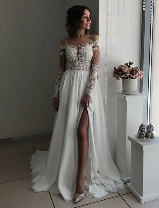 Glamorous Long Sleeve Lace Wedding Dresses | Chiffon Bridal Gowns With Slit BC0012