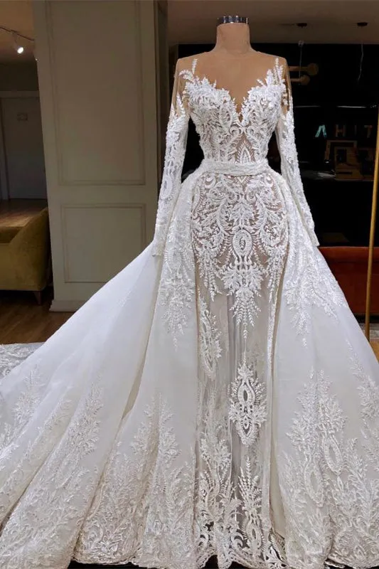 Glamorous Long Sleeve Mermaid Lace Wedding Dress with Detachable Skirt