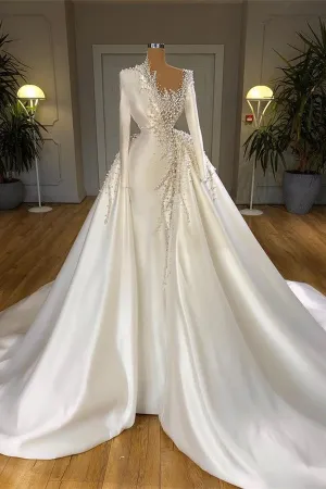 Glamorous Long Sleeves Pearls Wedding Dresses Mermaid With Detachable Train