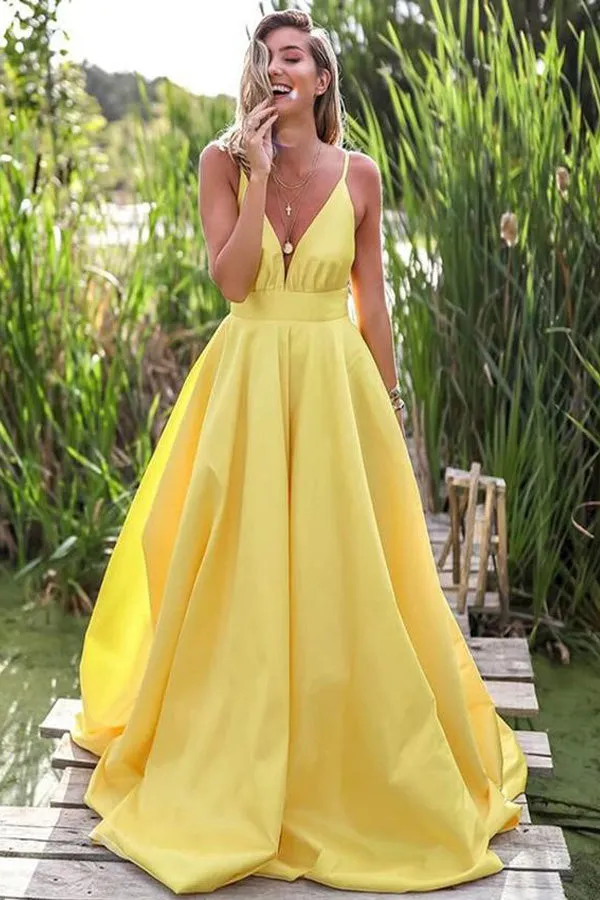 Glamorous V Neck Straps Yellow Satin Prom Dress