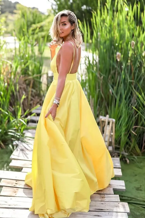 Glamorous V Neck Straps Yellow Satin Prom Dress