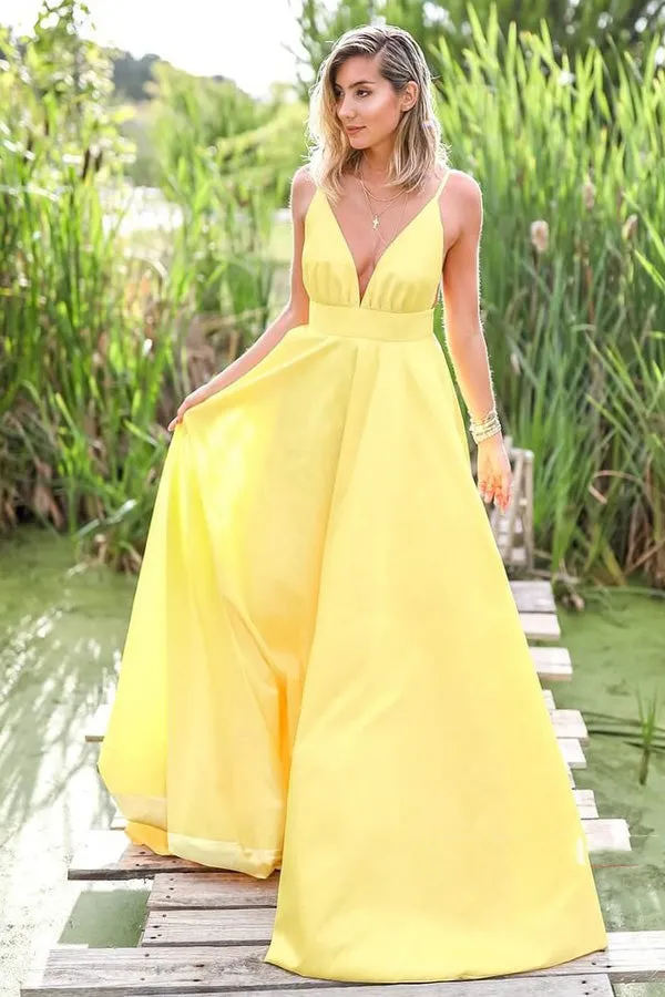 Glamorous V Neck Straps Yellow Satin Prom Dress