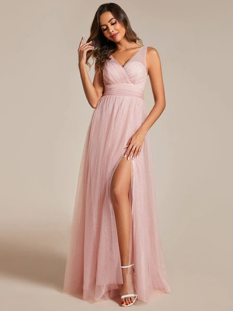 Glittering High Slit Sleeveless Bridesmaid Dress with Empire Waist