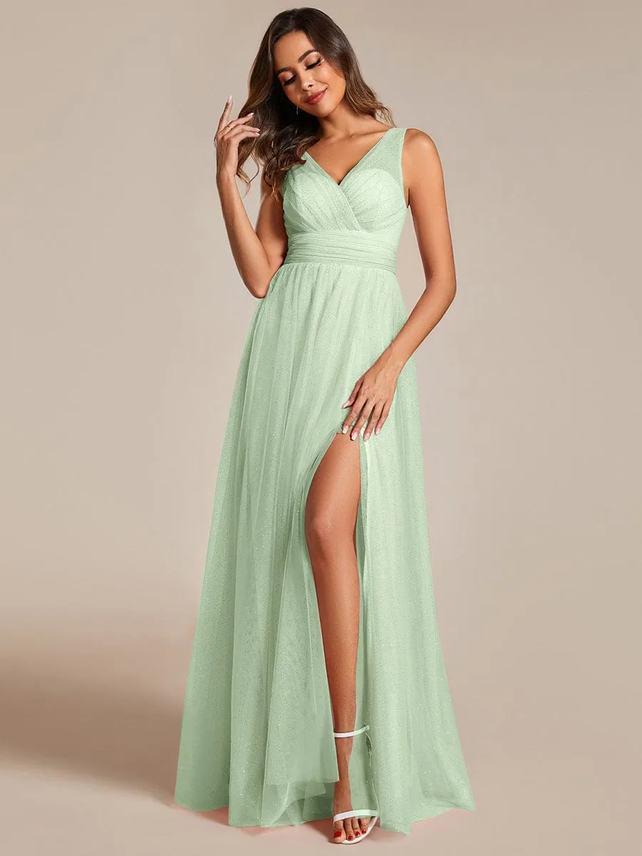 Glittering High Slit Sleeveless Bridesmaid Dress with Empire Waist