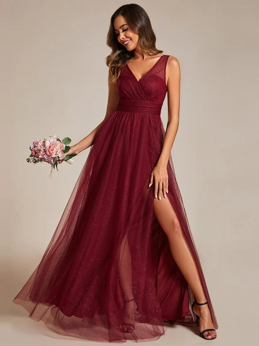 Glittering High Slit Sleeveless Bridesmaid Dress with Empire Waist