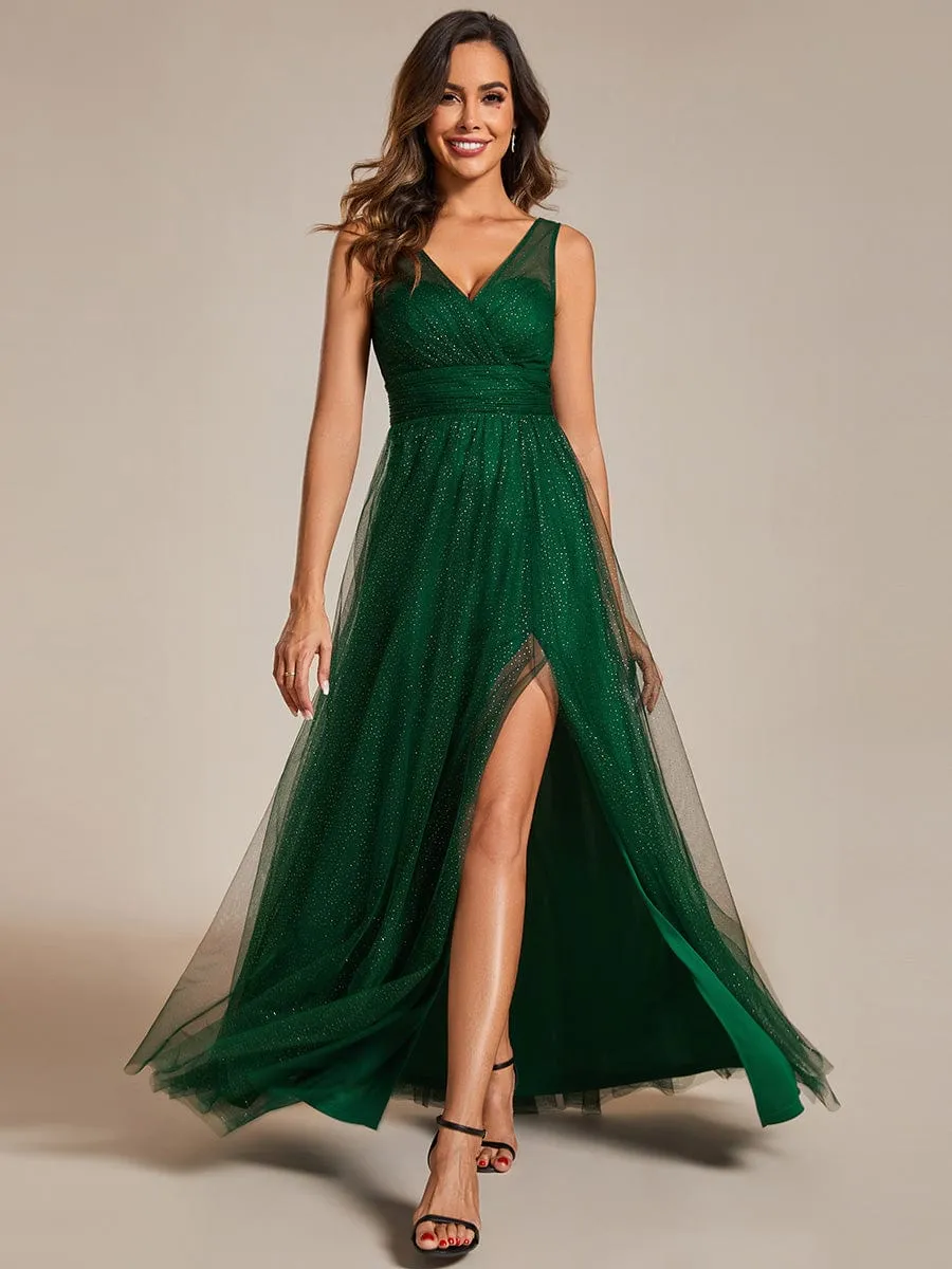 Glittering High Slit Sleeveless Bridesmaid Dress with Empire Waist