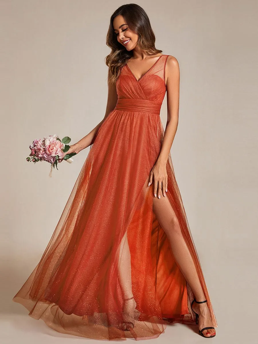 Glittering High Slit Sleeveless Bridesmaid Dress with Empire Waist