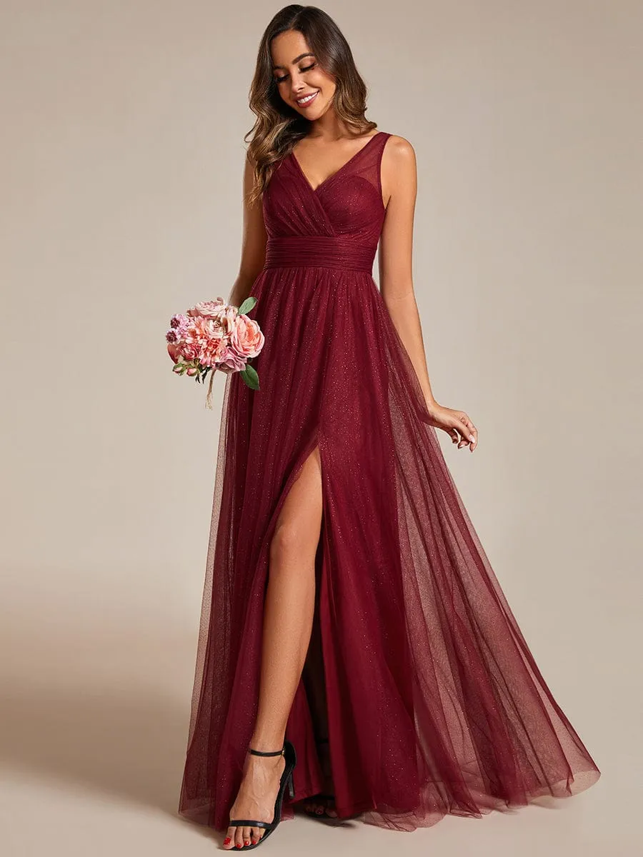 Glittering High Slit Sleeveless Bridesmaid Dress with Empire Waist