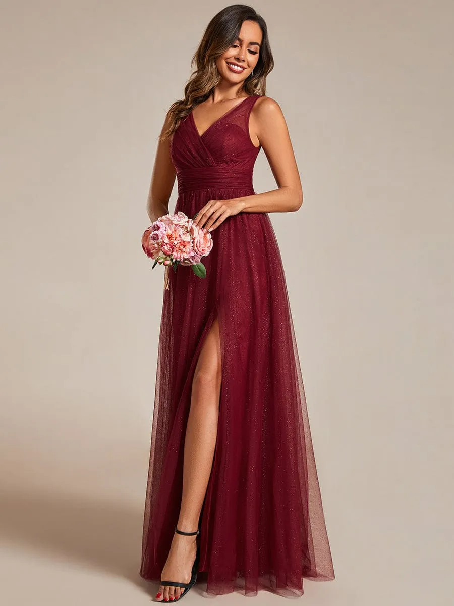 Glittering High Slit Sleeveless Bridesmaid Dress with Empire Waist