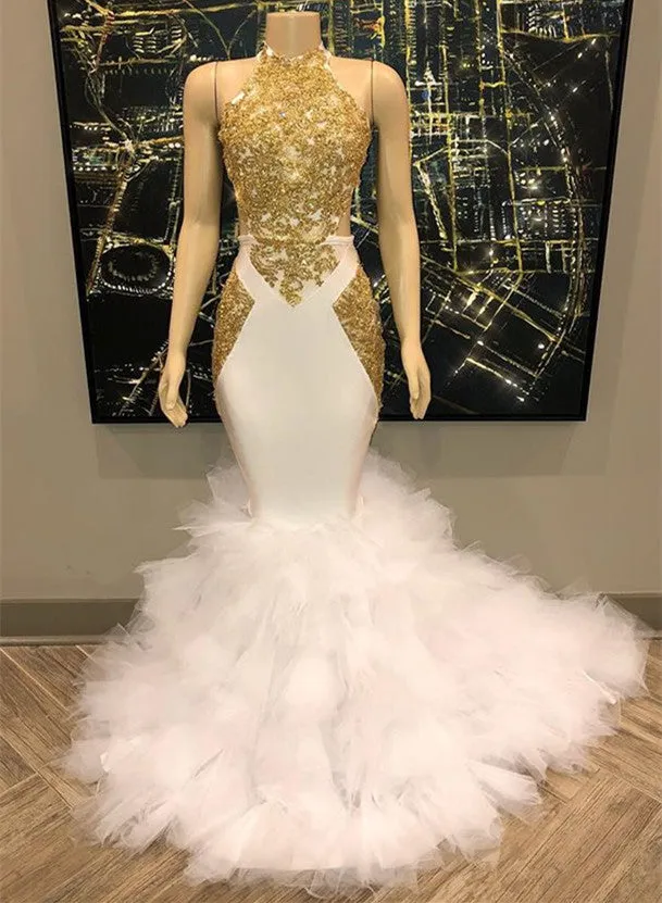 Gorgeous Halter Gold and White Prom Dress | Mermaid Long Evening Gowns BC1515