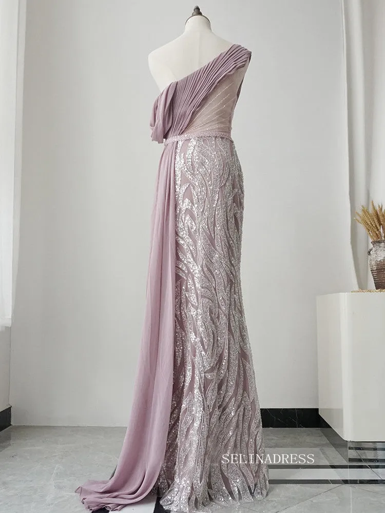 Gorgeous One Shoulder Elegant Long Prom Dress Rose Pink Sparkly Evening Dress Formal Gown FUE019