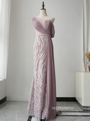 Gorgeous One Shoulder Elegant Long Prom Dress Rose Pink Sparkly Evening Dress Formal Gown FUE019