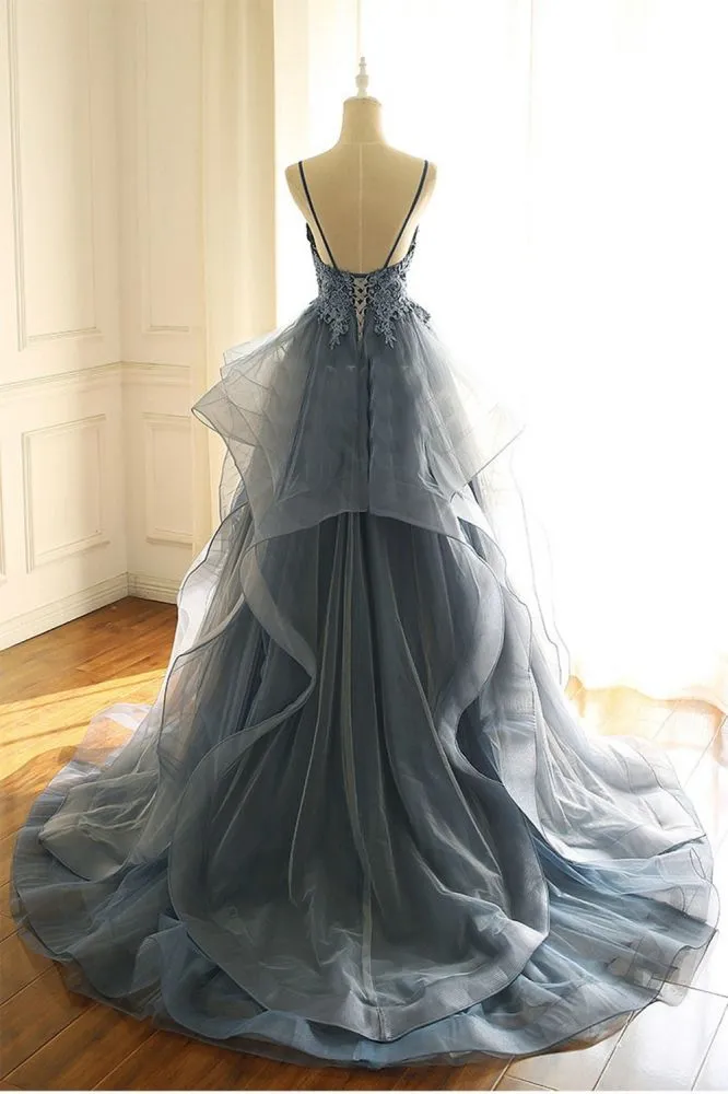 Gray Evening Dresses Tulle V-neck Ruffles Long Spaghetti Lace Beading Prom Party Gowns