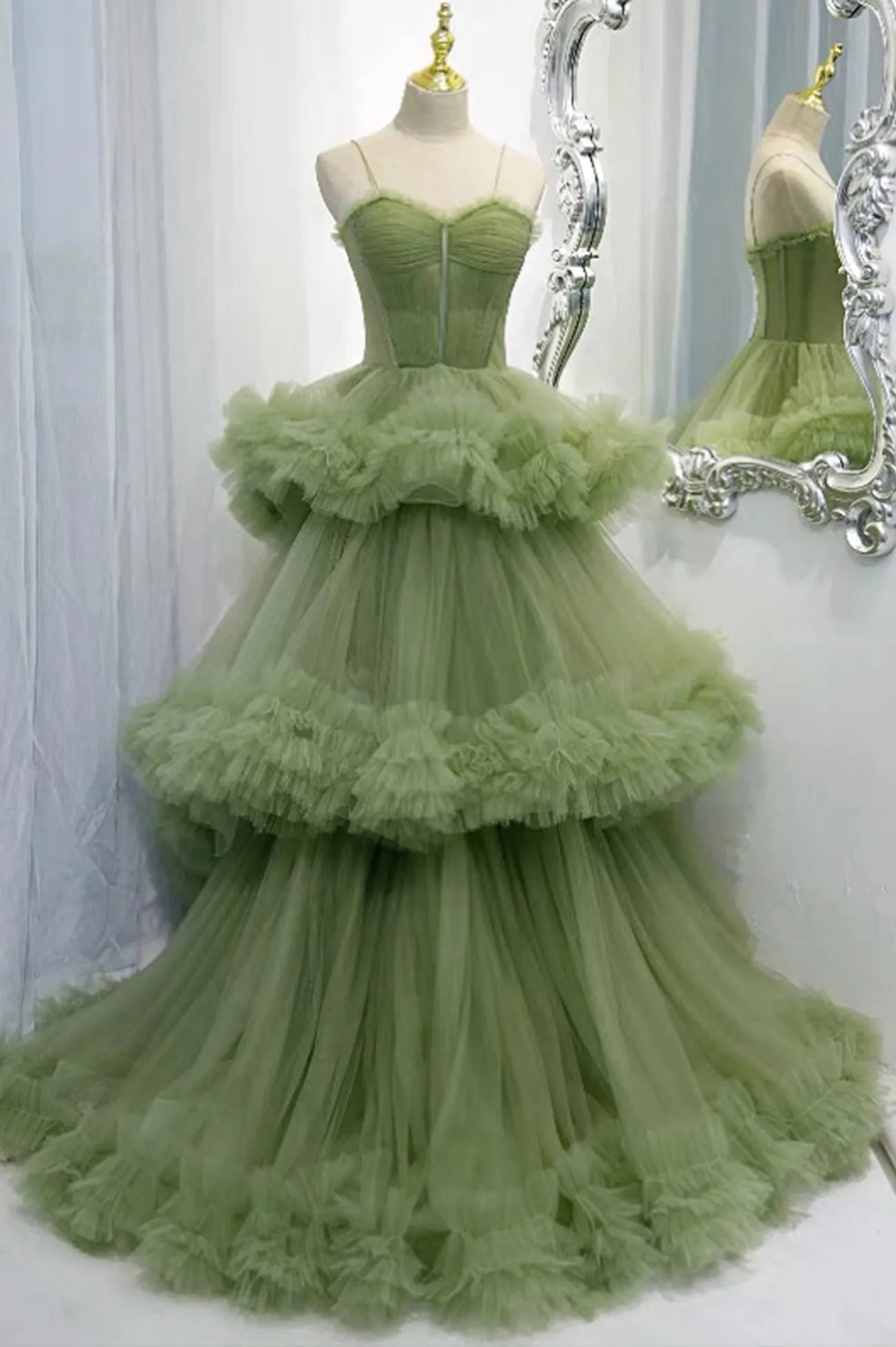 Green Tulle Long Prom Dresses A-Line Formal Evening Dresses