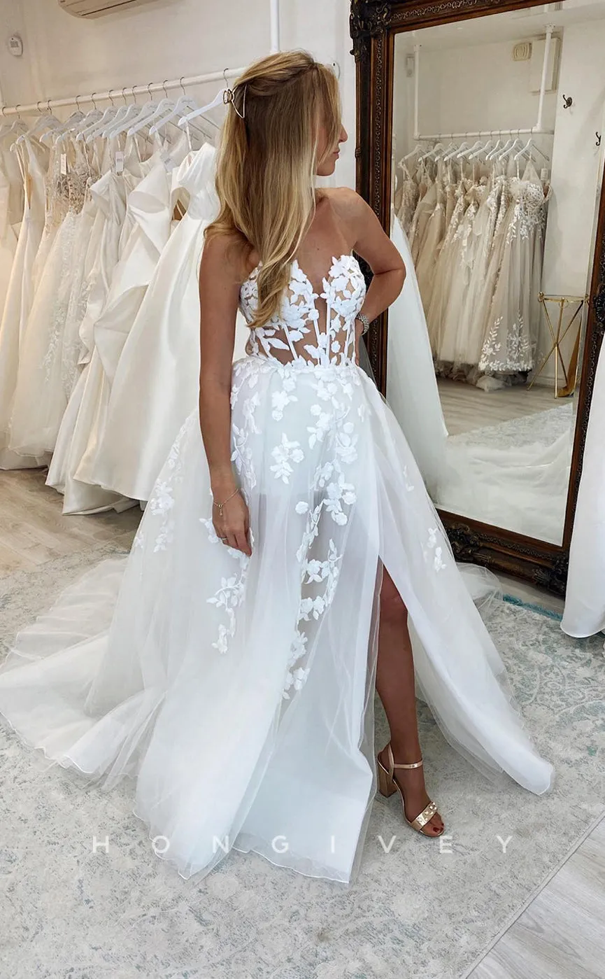 H0891 - Sheer Fully Floral Embroidered Strapless With Train And Slit Wedding Dress