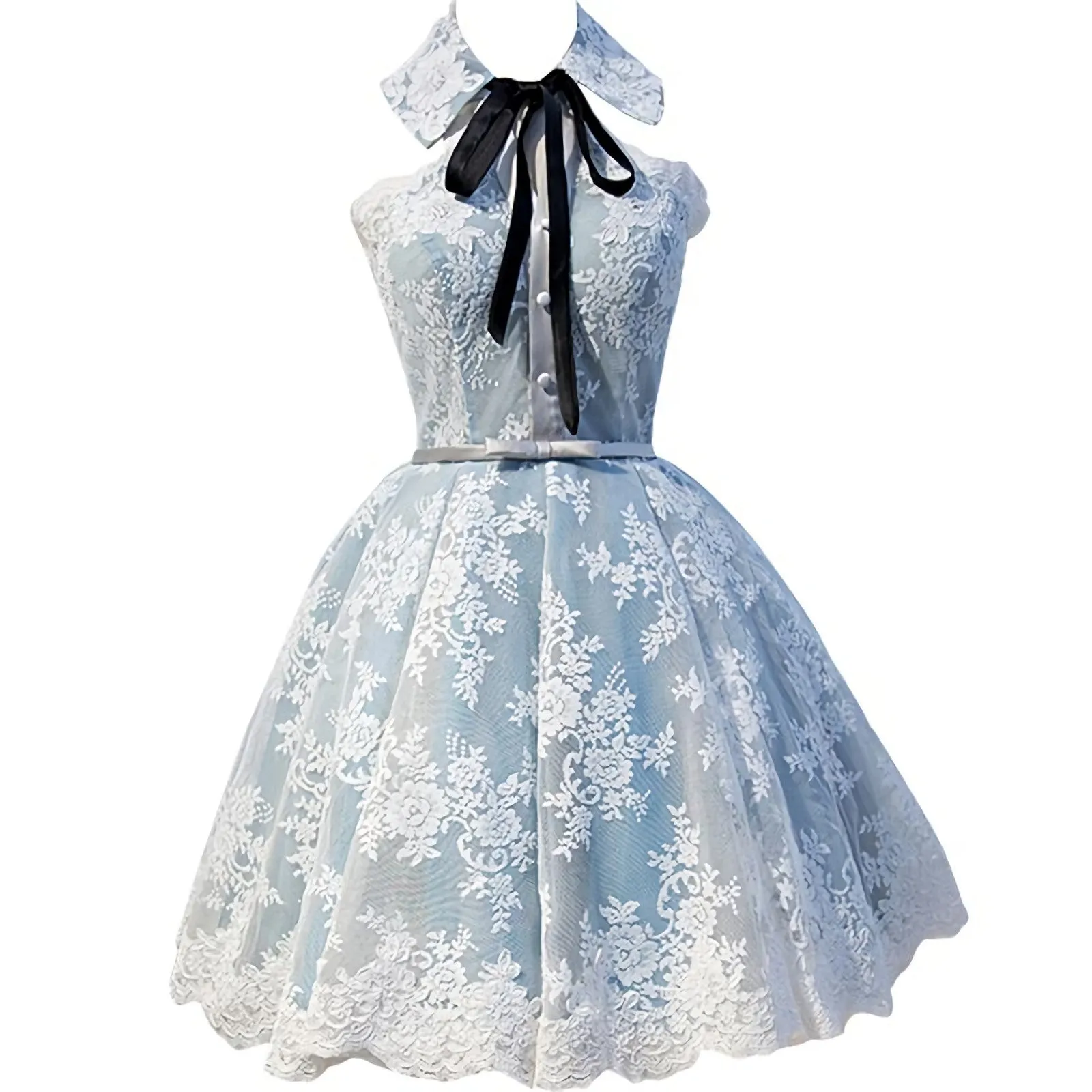 Halter Light Sky Blue Lace Appliques Homecoming Dresses With Lace Up Cocktail Dresses