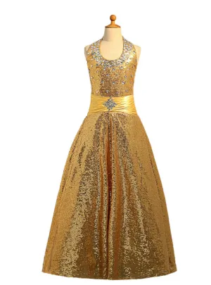 Halter Sequins Gold Girls Pageant Dresses For Weddings Ball Gown