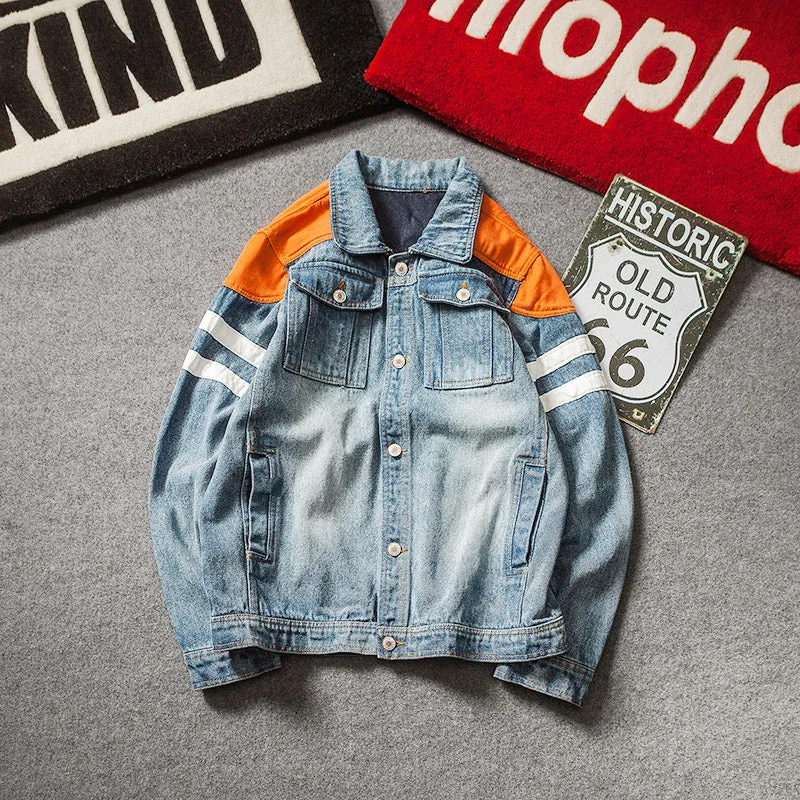 Harajuku Style Men Denim Jacket With Contrast Color Shoulder Patchwork Details